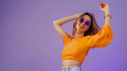 Close up photo of pretty cheerful lady stylish orange clothes arm direct empty space beauty procedure isolated on purple color background : Generative AI