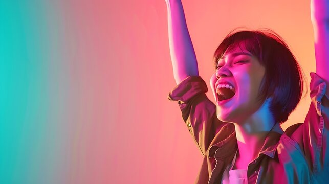 Photo of ecstatic lady shout loud yeah fist up raise win lottery isolated bright shine color background : Generative AI