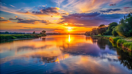 Scenic landscape with the sun setting over a calm river, casting golden reflections on the water