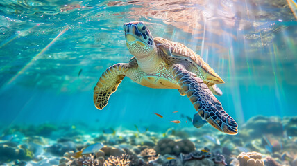 A sea turtle swimming in the clear blue water of an ocean, sunlight filtering through the surface creating gentle ripples and illuminating marine life below.