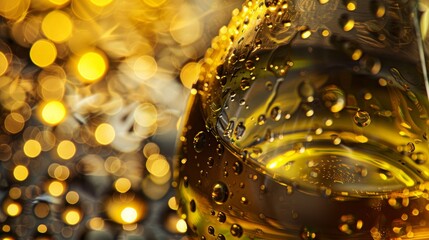 A close-up photograph of a bottle of extra virgin olive oil with a golden hue, with droplets clinging to the glass and reflections shimmering in ambient light