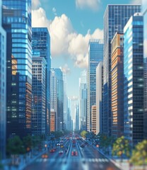 A bustling city street with skyscrapers and traffic