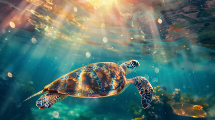 A sea turtle swimming in the clear blue water of an ocean, sunlight filtering through the surface creating gentle ripples and illuminating marine life below. - Powered by Adobe