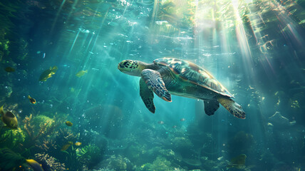 Fototapeta premium A sea turtle swimming in the clear blue water of an ocean, sunlight filtering through the surface creating gentle ripples and illuminating marine life below.