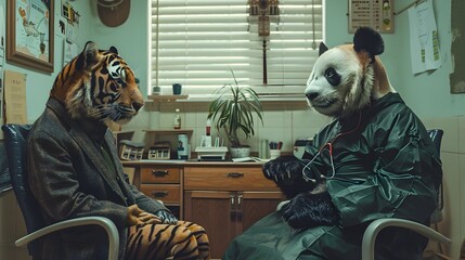 Surreal Medical Consultation Panda Doctor Examining a Tiger Patient in a Minimalist Setting...