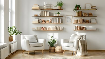 Stylish Minimalist White Interior with Bookshelves and Cozy Decor. Concept Minimalist Decor, White Interiors, Bookshelves, Cozy Atmosphere