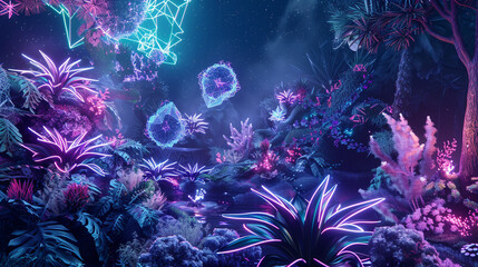 A surreal garden where the flora and fauna are composed of geometric shapes and fractal patterns,...