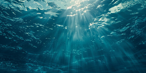 a blue ocean, view from the bottom looking up, underwater, misty light shining through above water surface