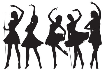 Dancing Girl Group Black Silhouette Female Figure Isolated Over White Background Vector Illustration