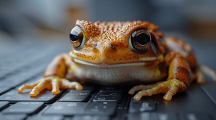 Frog Concentrated and Captivated in Front of a Computer