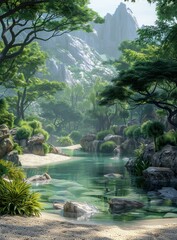 Tranquil Forest Stream in a Lush Green Valley
