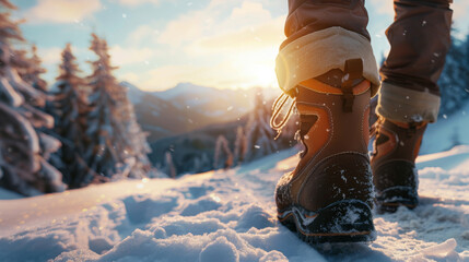 A hiker s boots trek through fresh snow at sunset in a mountainous winter wonderland