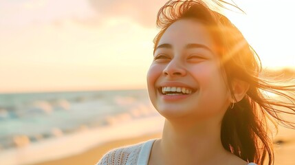 Happy beautiful young woman smiling at the beach side  Delightful girl enjoying sunny day out  Healthy lifestyle concept with female laughing outside : Generative AI