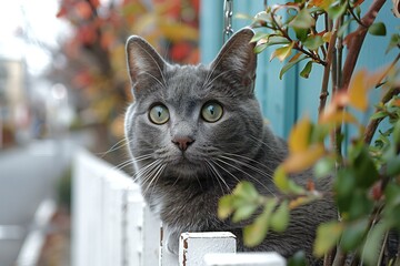 Gray cat with green eyes sits on a wooden fence in the street - Powered by Adobe