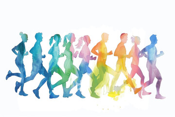 A diverse group of individuals running along a designated route in a marathon race, showcasing determination, strength, and endurance