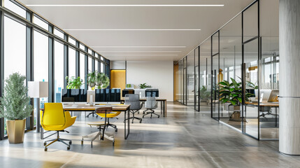 A sleek modern office space with glass partitions and vibrant chairs