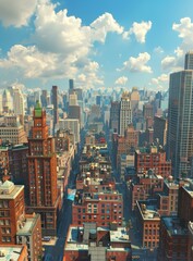 A Metropolis with Towering Brick Buildings and a Patchwork of Rooftop Water Tanks