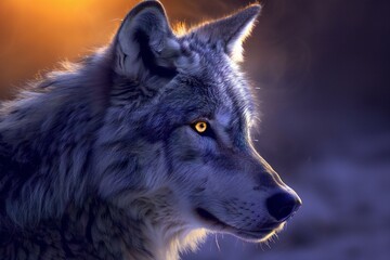 Portrait of a wolf in the light of the setting sun