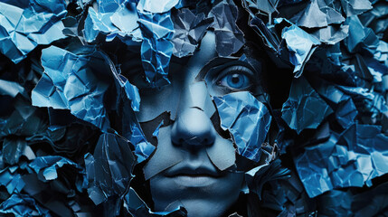 Close-up of a woman with her face completely covered in shiny blue foil, creating a unique and reflective appearance
