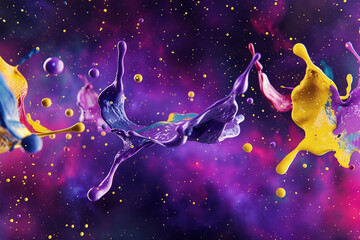 A Surreal Scene Of Floating Paint Splashes In A Void, With Colors Ranging From Deep Purples To Bright Yellows, Creating A Sense Of Zero Gravity And Infinite Space,  Wall Mural