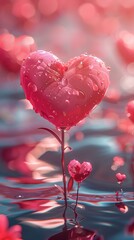 A pink heart-shaped flower in the water with a pink background
