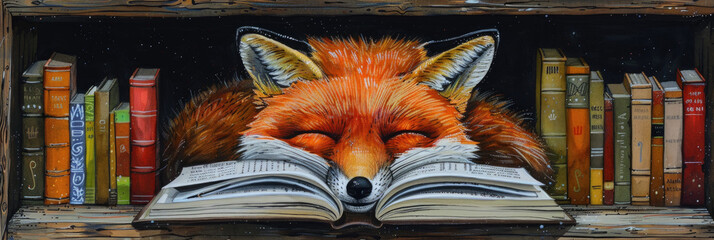 Obraz premium A fox cozying up on an open book nestled between rows of colorful hardcover books on a shelf