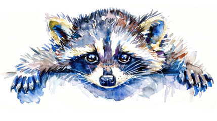 Artwork depicting a raccoon with striking blue eyes