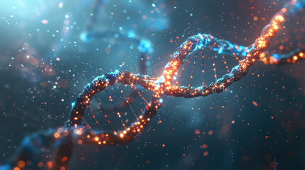 A highly detailed view of a DNA double helix with glowing particles, symbolizing genetic research and biotechnology advancements