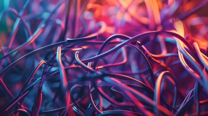A chaotic pile of computer cables depicted in abstract illustration under soft, diffused lighting. --ar 16:9 Job ID: 7d67b1ca-c8af-4926-9420-c42efd38cd0e