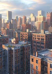 A cityscape of tall buildings with brick facades
