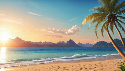  Summer beach sunset vector illustration with tropical island background 