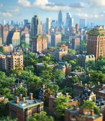 Naklejka premium Small buildings and trees in a big city with a large skyline in the background