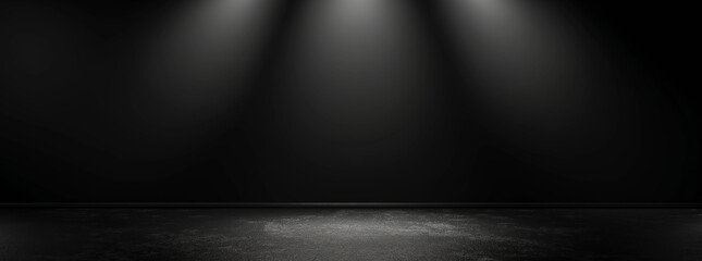 Banner, A black background with three lights shining on it. The  three lights are on the floor and...