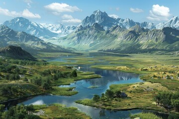 Fototapeta premium Mountains, lake and green fields