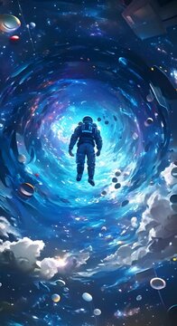 A solitary astronaut floats weightlessly amidst the grandeur of the cosmos surrounded by distant galaxies swirling nebulae and celestial bodies The scene evokes a sense of awe and wonder as the