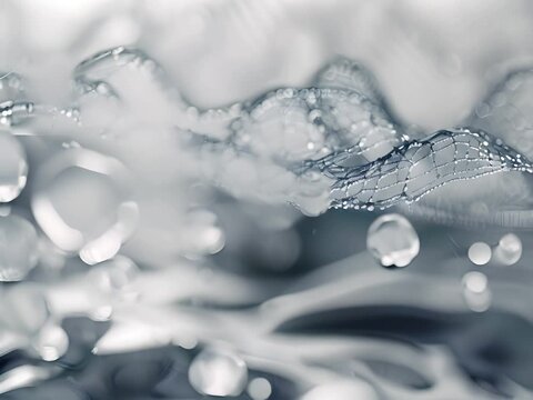 This image offers a captivating close up view of an advanced nanofabric its microscopic fibers intricately interweaving to repel water droplets in a remarkable display of hydrophobic properties The
