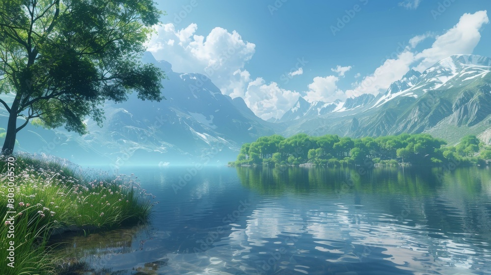 Wall mural Mountains, lake and trees