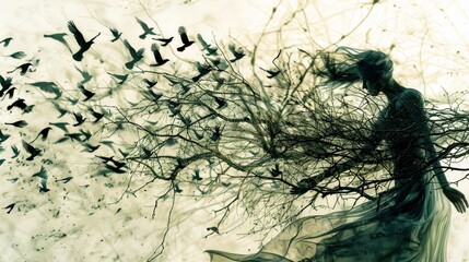 Surreal art of a woman dissolving into birds among tangled branches