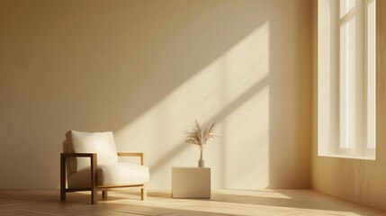 minimalist living room with only one modern armchair and a small coffee table in an open space design