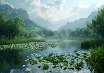 Fototapeta premium Misty Mountains and Serene Lake with White Water Lilies