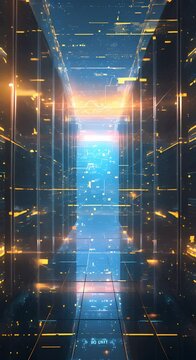 This image depicts a vast and expansive cloud computing data center with rows of servers stacked high showcasing the sheer scale and accessibility of this powerful technology The focus is on the
