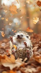 a cute hedgehog on the forest ground between in leaves