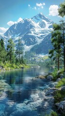 Fototapeta premium Stunning mountain lake landscape with snow capped peaks and crystal clear water
