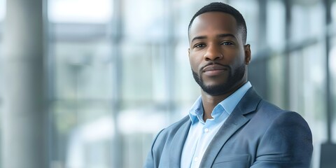 Confident African American man in a suit standing confidently in a legal office. Concept Professional Men, Legal Attire, African American Model, Office Environment