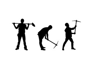 Miner silhouette vector. Silhouette of a man in worker costume carrying a pickaxe and shovel in an action pose. Good use for symbols, logos, mascots, icons, signs, webs, or any design you want.