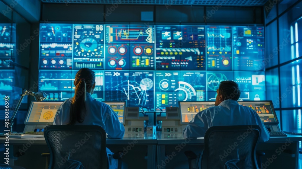 Poster engineers in a control room monitoring processes in a high-tech industrial facility