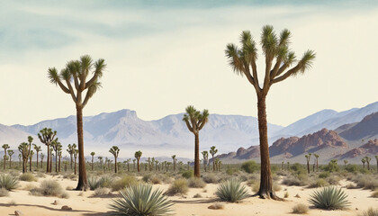 AI-generated abstract desert landscape featuring a variety of trees and plants in a watercolor...