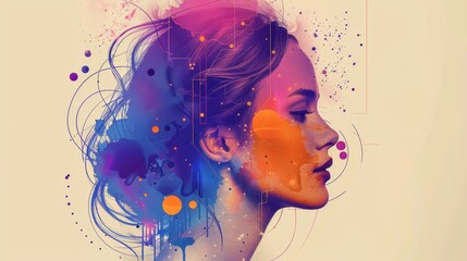 A woman's face with colorful splatters on it and a purple background, AI