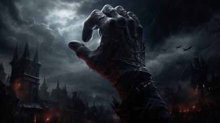 a black hand made out of dark stormclouds in the sky over a medieval city, dark fantasy