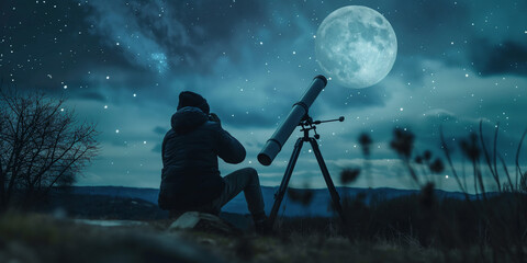 Astronomer or stargazer with a telescope in night sky watching the stars and moon. Astronomy, moonlight, galaxy exploration, silhouette concept.